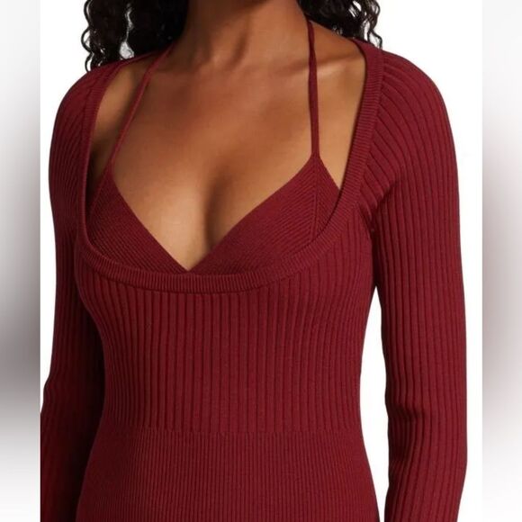 NWT Jonathan Simkhai | Lisa Ribbed Long Sleeve Midi Dress in Garnet Burgundy S - Picture 2 of 8